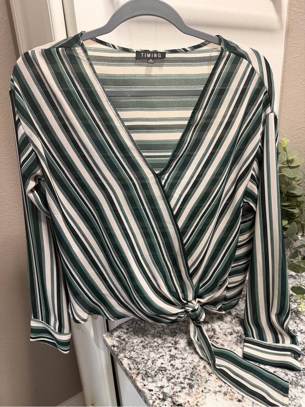 Timing Green and White Striped Tie-Front Blouse